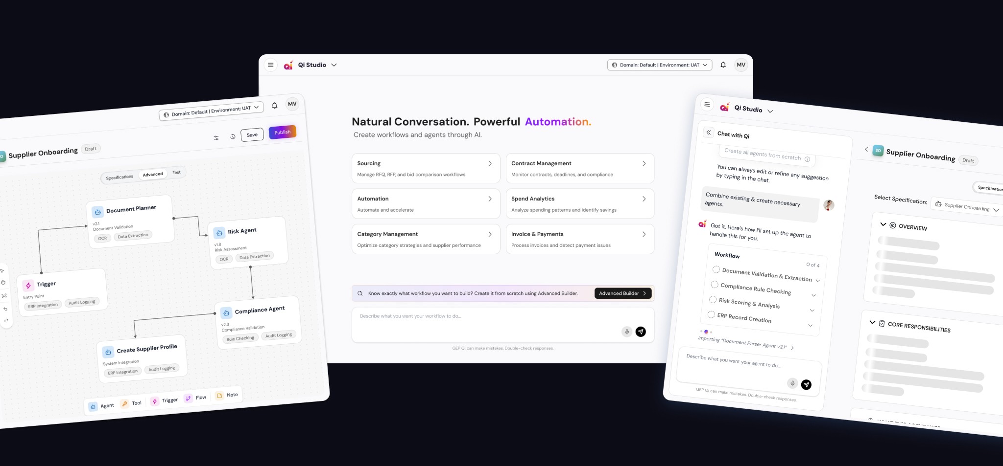 Three Qi Studio screens: the visual workflow canvas, the natural-language home screen, and the chat-plus-specification builder.
