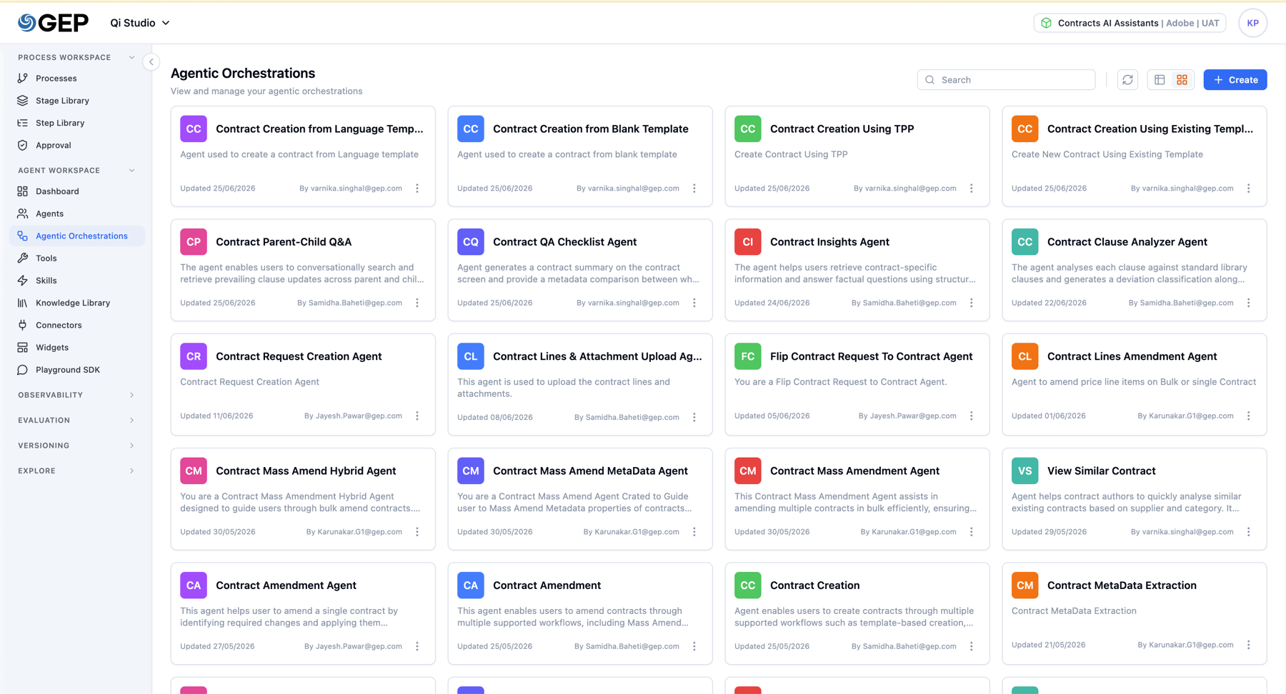 The Agentic Orchestrations catalogue: a grid of two dozen contract agent cards with no search-before-build affordance.