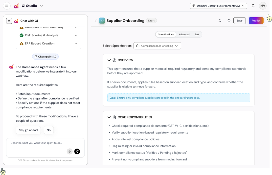 Specifications mode: Qi's chat on the left, the Compliance Rule Checking specification building on the right.