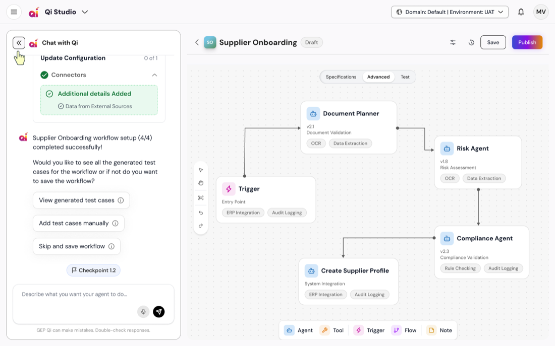 Advanced mode: the same workflow as a node-and-wire canvas with versioned agent nodes on a dotted grid.