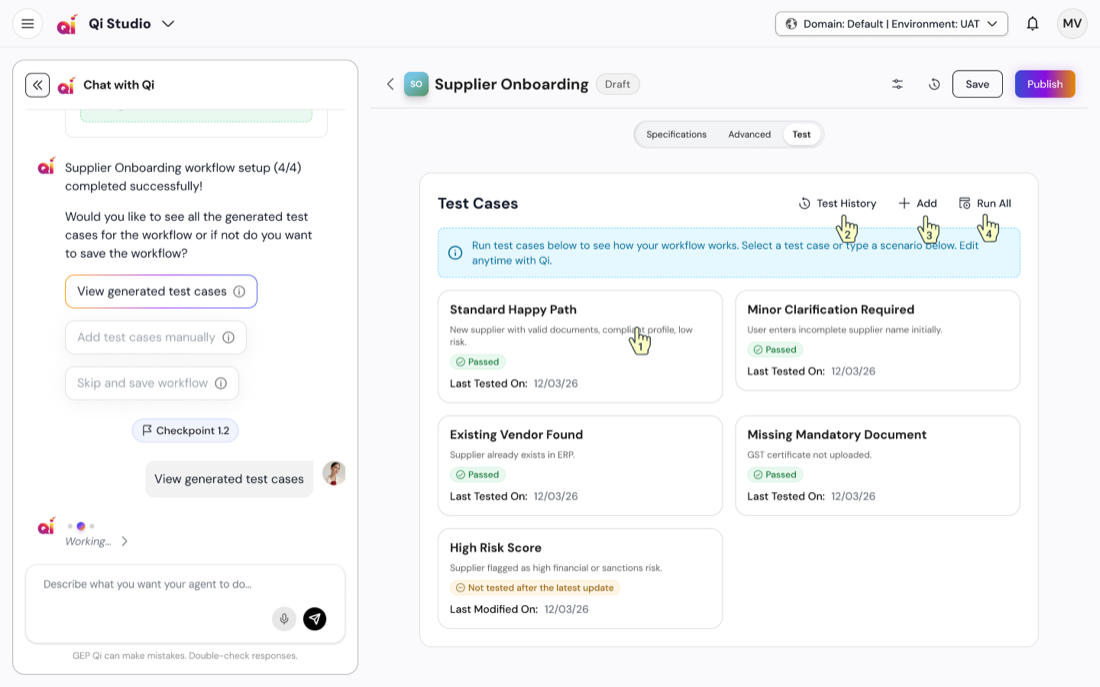 Test mode: generated test cases for the workflow, each with a pass or not-tested status.