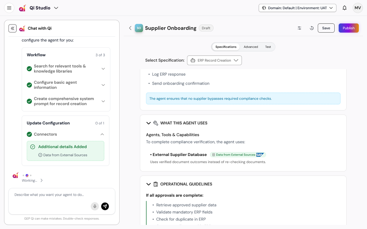 The same step resolved: a green Additional details added confirmation, with the external data source now wired into the specification.