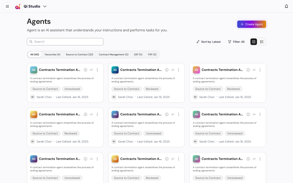 The Agents catalogue — each agent card carrying its domain tags, owner and last edit.