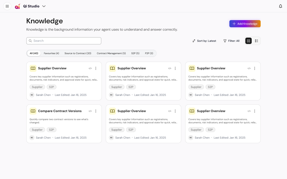 The Knowledge catalogue — background material the agent grounds its answers in.