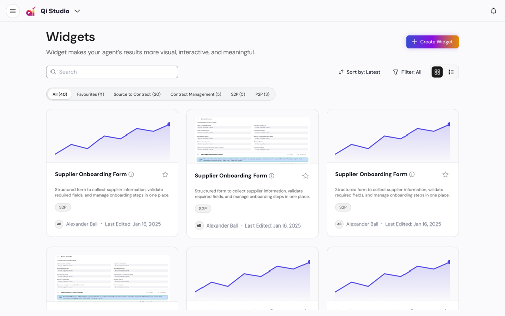 The Widgets catalogue — visual output components that render an agent's results.