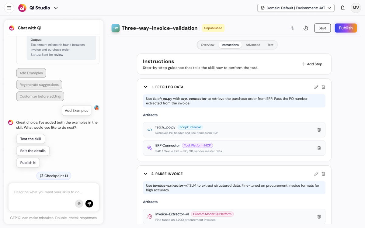 The skill builder: the same composition authoring a three-way invoice validation skill, step by step.