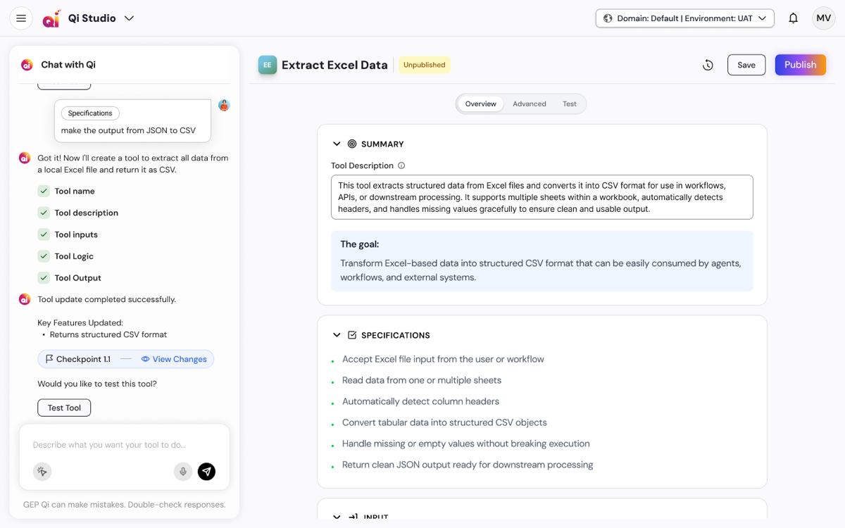 The tool builder: the same composition authoring an Excel-to-CSV extraction tool.