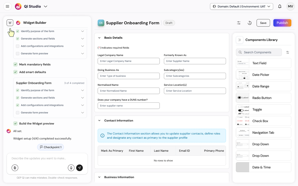 The widget builder: the same composition assembling a supplier onboarding form from a components library.
