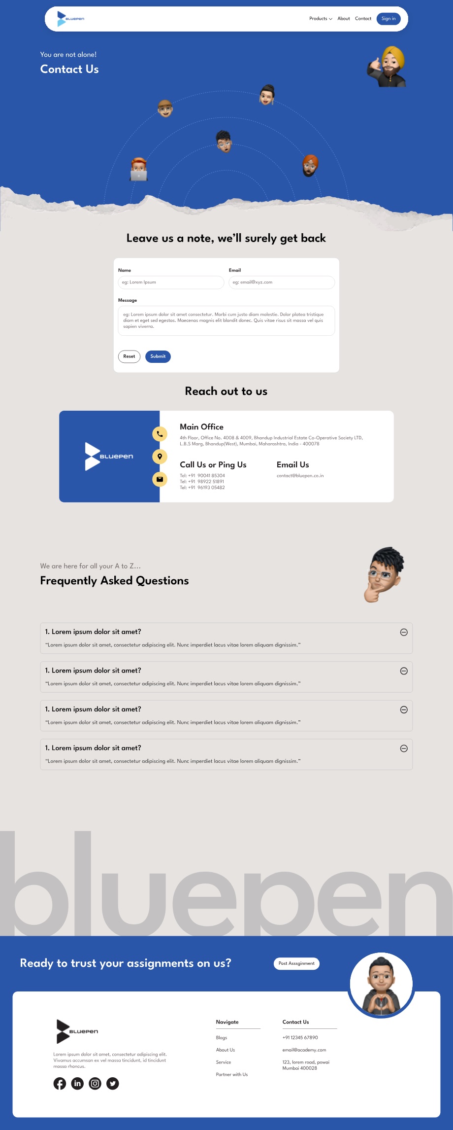 The Contact page: avatars arranged on concentric radar rings under the line You are not alone, a short note form, an office and phone card, and an FAQ accordion.