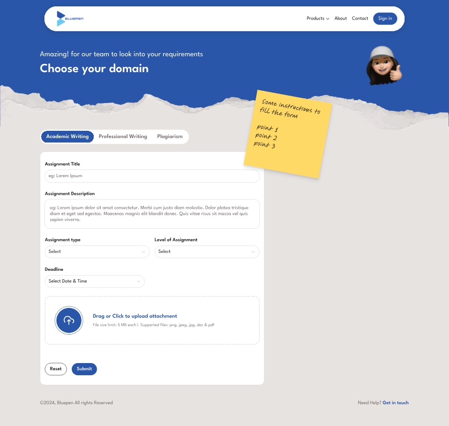 The post-assignment form headed Choose your domain, with Academic Writing, Professional Writing and Plagiarism tabs, title and description fields, type, level and deadline selects, a drag-or-click upload zone, and a yellow sticky note of instructions pinned to the right.