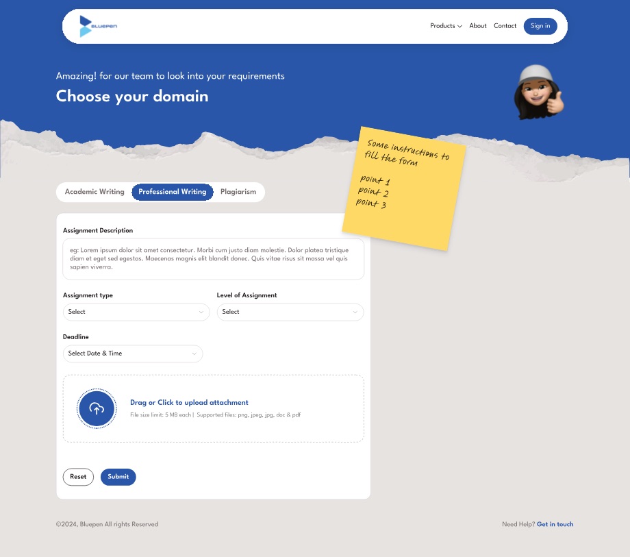 The same post-assignment form with the Professional Writing tab active instead of Academic Writing — the Assignment Title field is gone and the form now opens straight into Assignment Description.