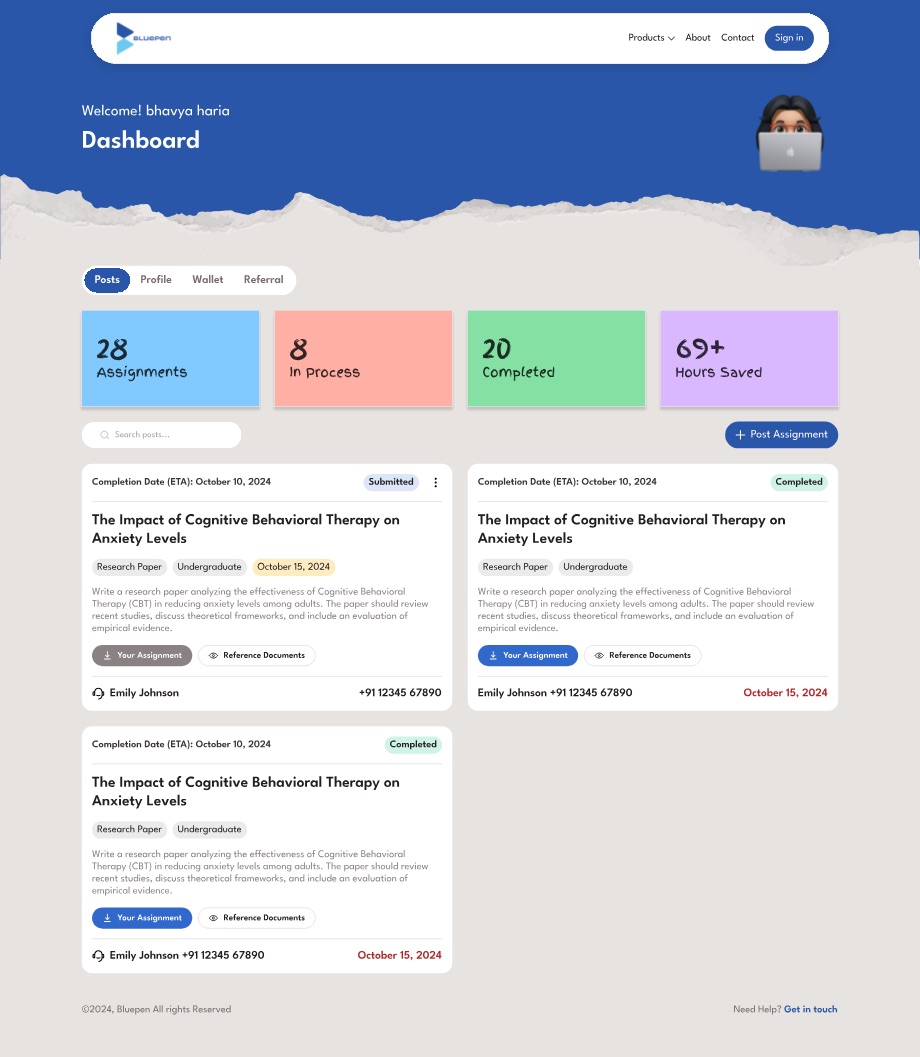The student dashboard: four flat colour tiles reading 28 Assignments, 8 In Process, 20 Completed and 69+ Hours Saved in a handwritten numeral face, a pill tab bar, and assignment cards carrying status pills, tags, deadline and the assigned expert.