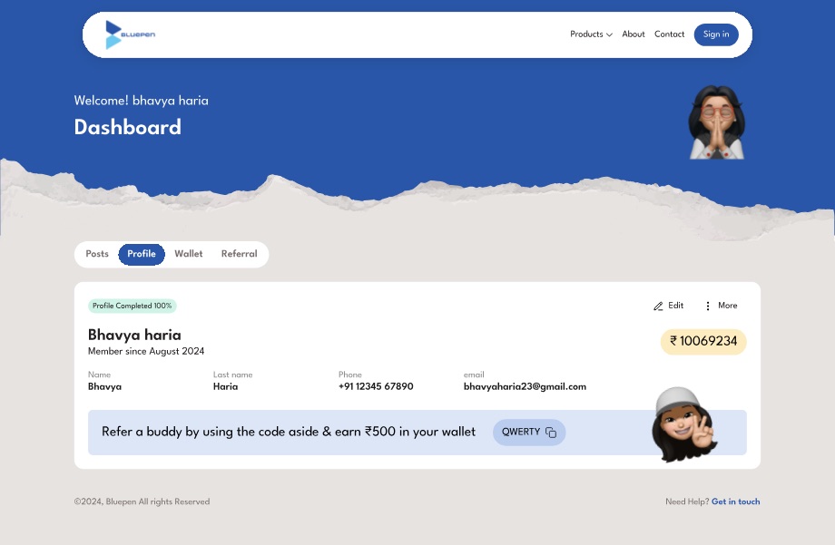 The profile tab of the dashboard, showing a quiet Profile Completed 100% pill above the user's details.