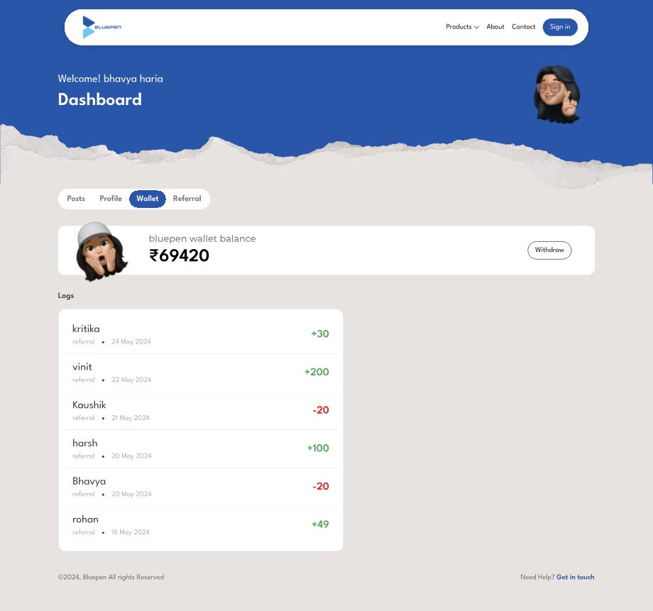 The wallet tab: a balance card reading bluepen wallet balance with a rupee figure, a withdraw button, an avatar reacting to the amount, and a log of credits in green and debits in red.