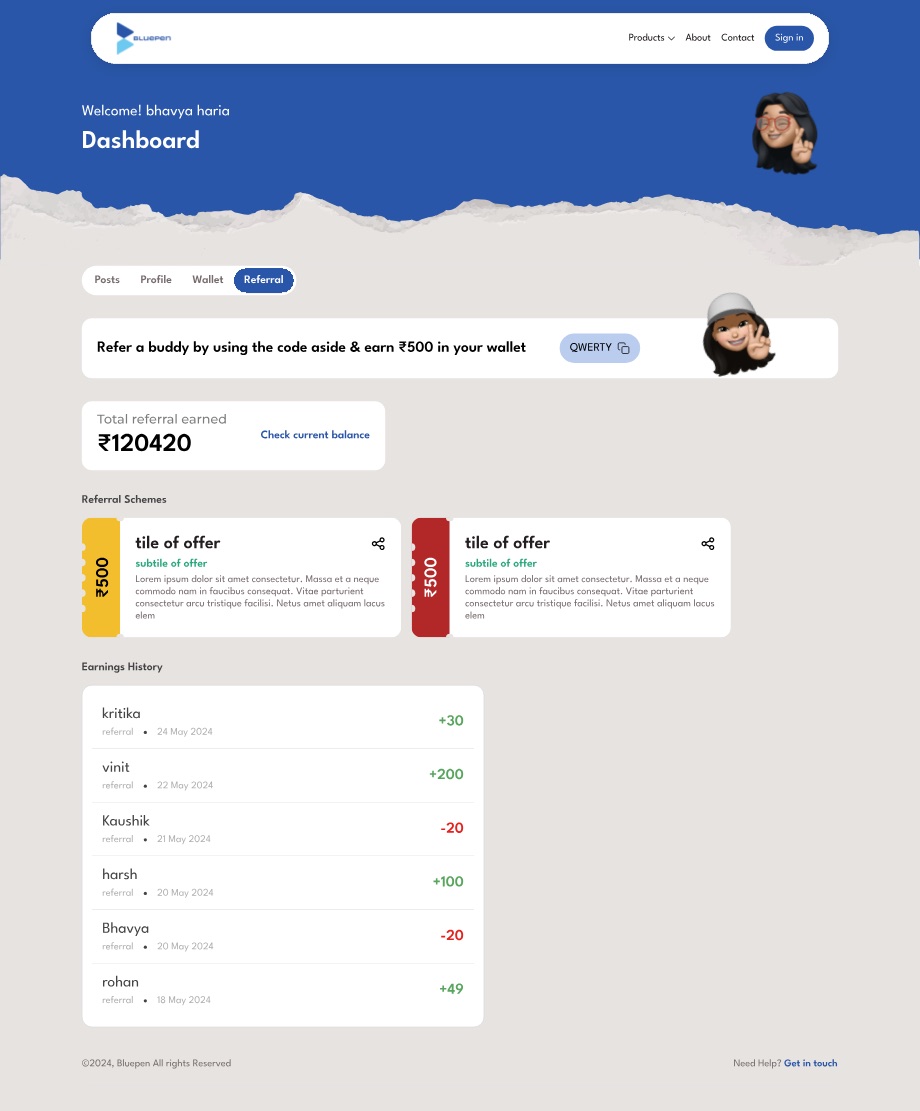 The referral tab: a copyable referral code chip, a total referral earned figure, two offer cards shaped like tear-off coupons with a perforated rupee stub down the left edge, and an earnings history list.