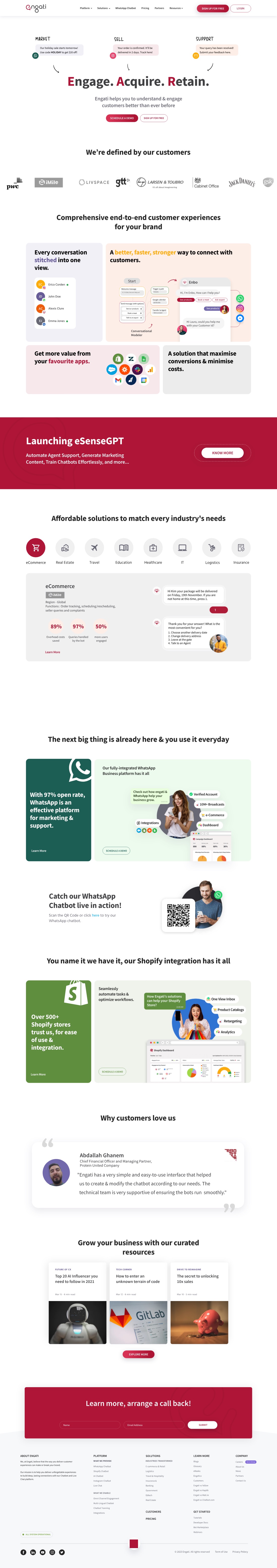 The Engati homepage headed Engage. Acquire. Retain., with a market–sell–support diagram, a row of enterprise client logos, a stitched-conversation feature grid, a red Launching eSenseGPT banner, an industry selector and a WhatsApp platform section.