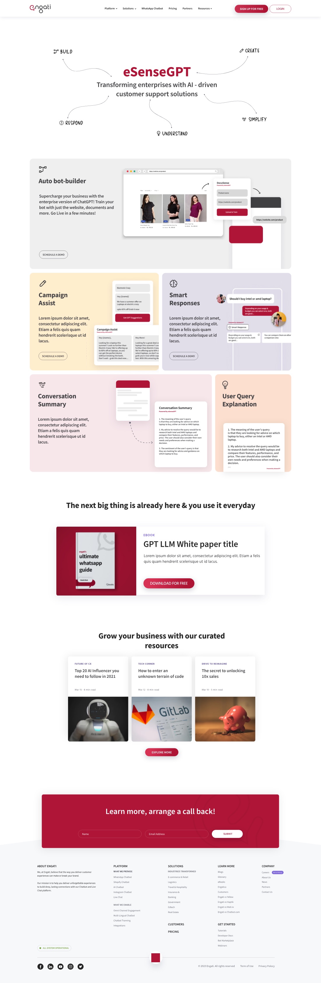 The eSenseGPT product page: a radial mind-map hero of build, create, respond, understand and simplify, then feature panels for an auto bot-builder, campaign assist, smart responses, conversation summary and user query explanation.