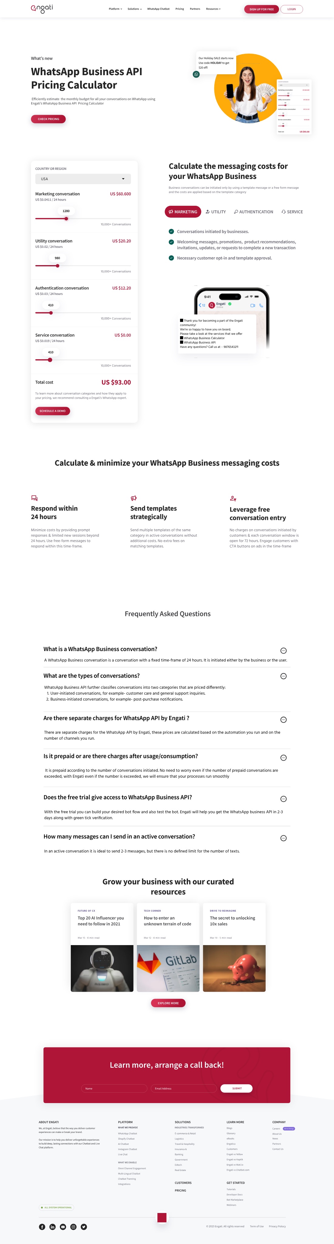 A WhatsApp Business API pricing calculator with a country selector and sliders for marketing, utility, authentication and service conversations, computing a running total cost, beside guidance on minimising messaging spend.