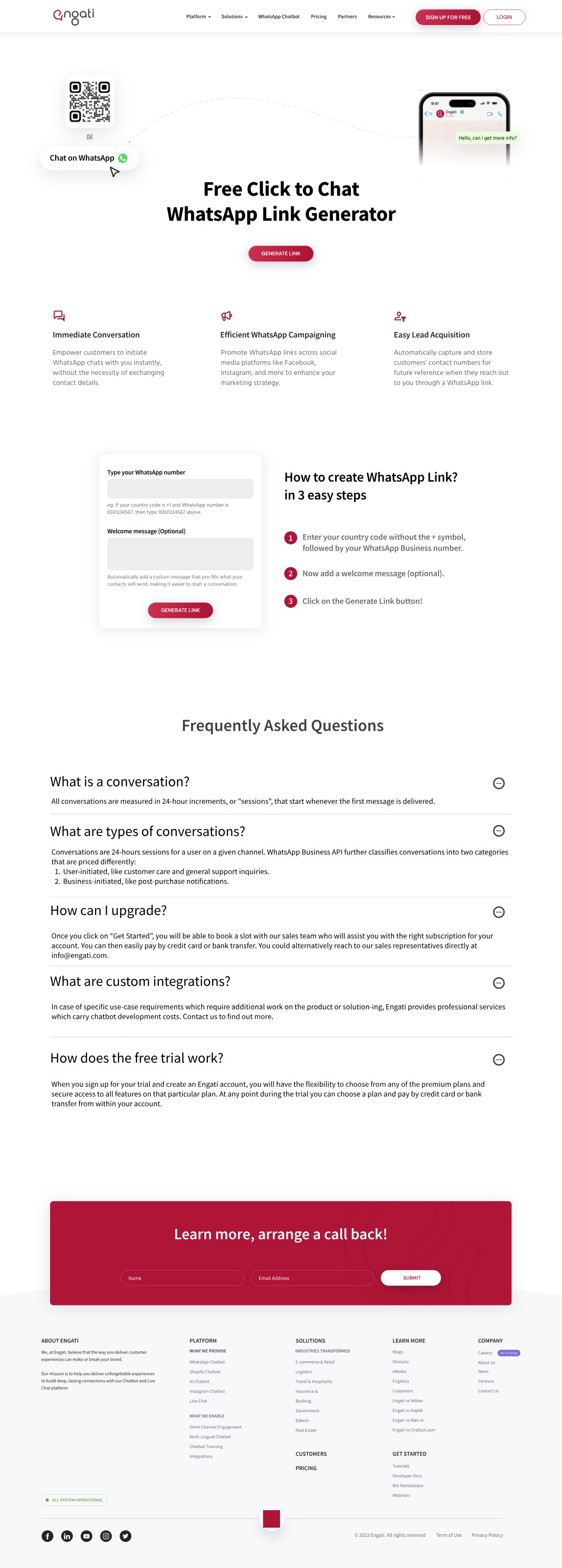 A free Click-to-Chat WhatsApp link generator: a phone-number field with an optional welcome message and a generate button, a three-step how-to, benefit columns and an FAQ.