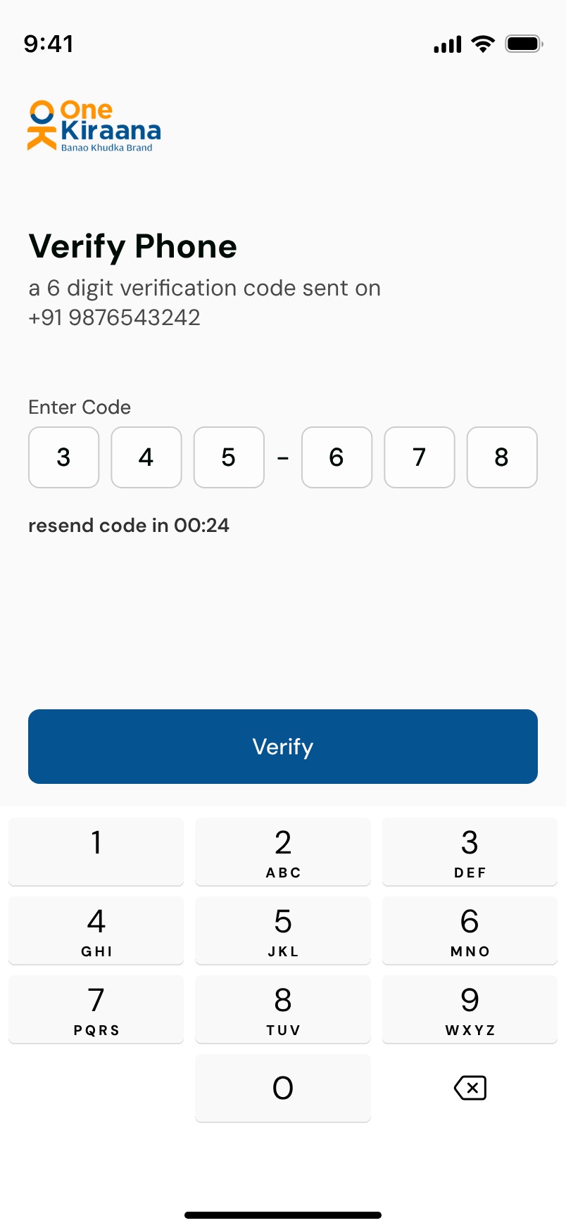 A Verify Phone screen with six single-digit code boxes, a resend countdown, a Verify button and the numeric keypad raised.