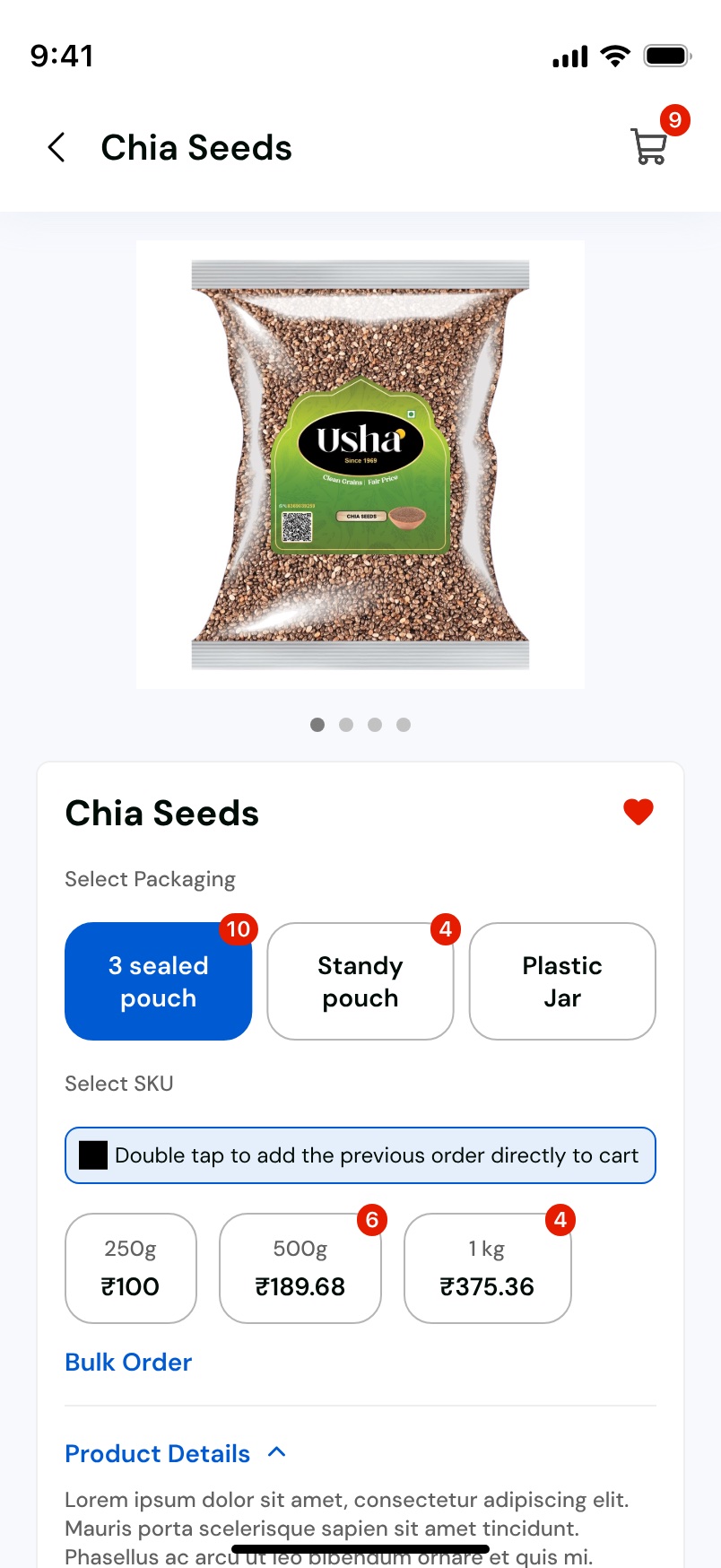 A Chia Seeds product page with an image carousel, packaging options carrying previous-order quantity badges, and a SKU row priced by 250g, 500g and 1kg.