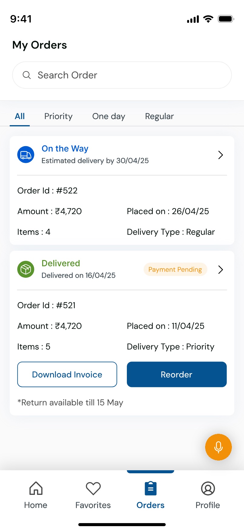 The orders list filtered by All, Priority, One day and Regular, with order cards showing status, amount, item count and delivery type, plus Download Invoice and Reorder actions.