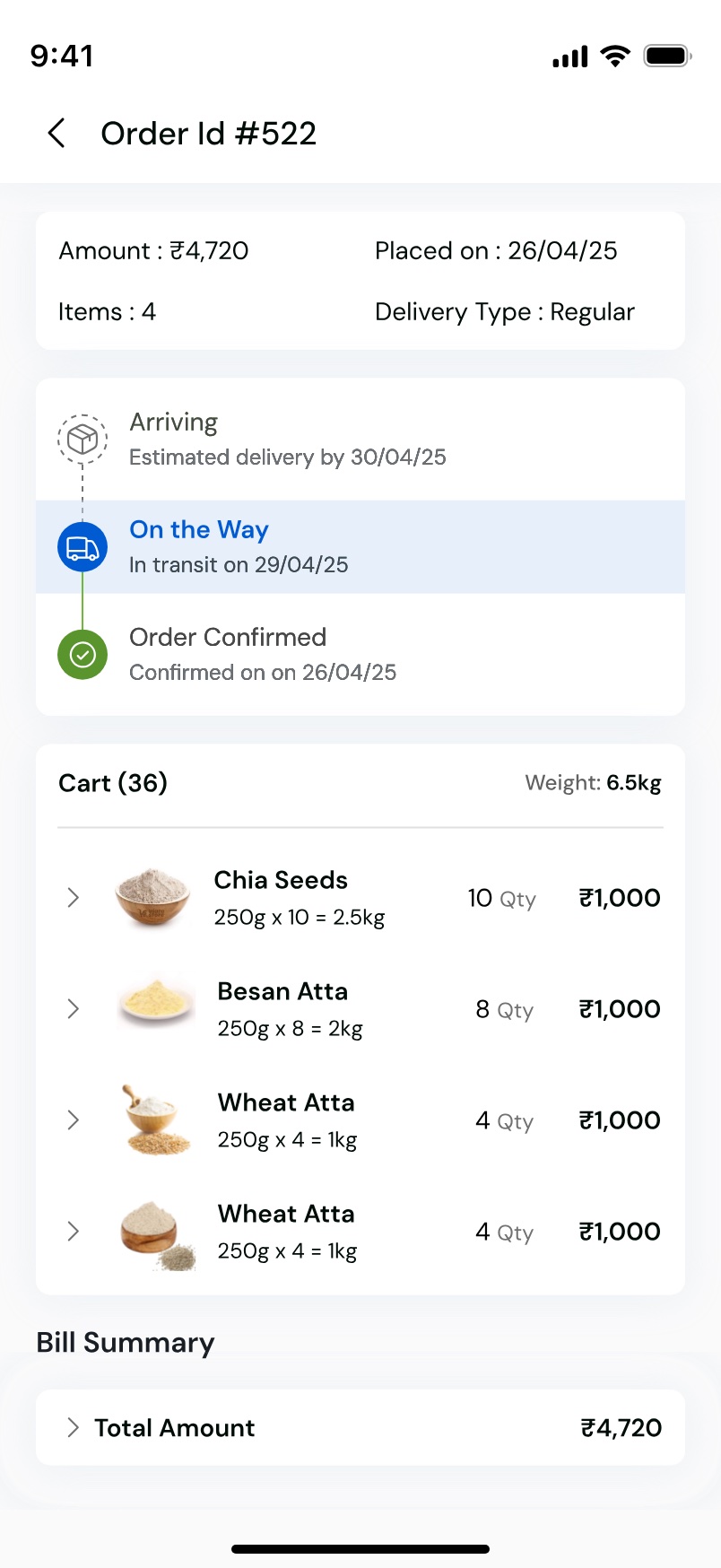 Order 522 in detail: a three-step delivery timeline from confirmed to on the way to arriving, the line items with quantities and prices, the total weight, and a bill summary.