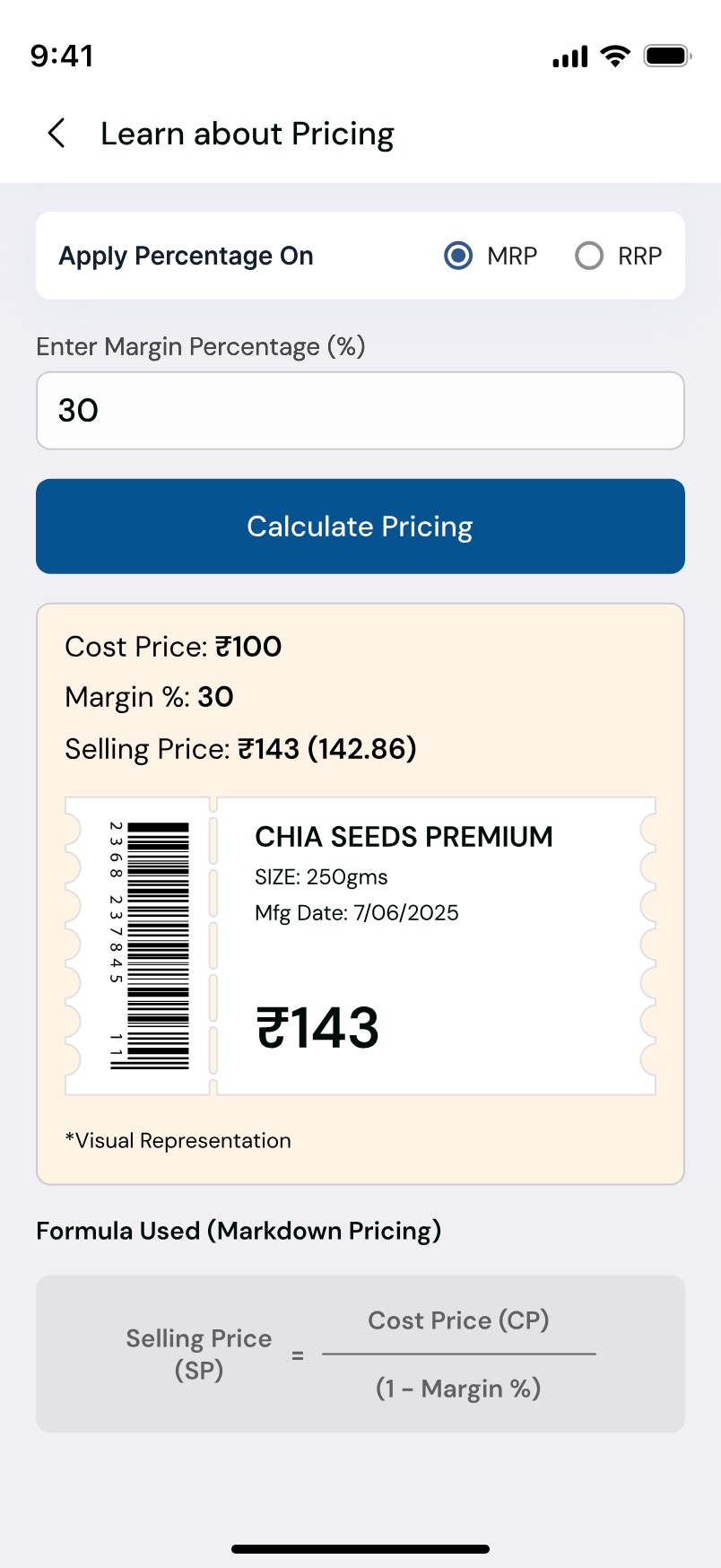 A Learn about Pricing screen with an MRP or RRP choice, a margin percentage field, a Calculate Pricing button and a worked example showing cost price, margin and resulting selling price.