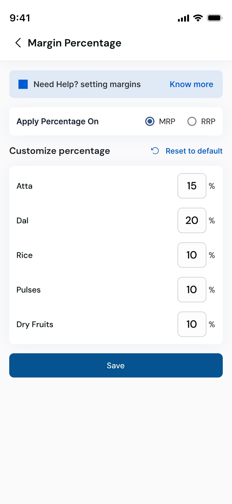 A Margin Percentage settings screen with a help link, an MRP or RRP basis choice, and per-category percentages for atta and dal with a reset to default action.