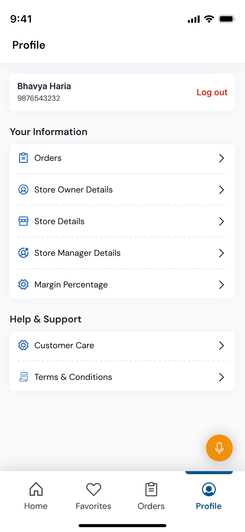 The profile screen listing the account name and number above separate entries for orders, store owner details, store details and store manager details.
