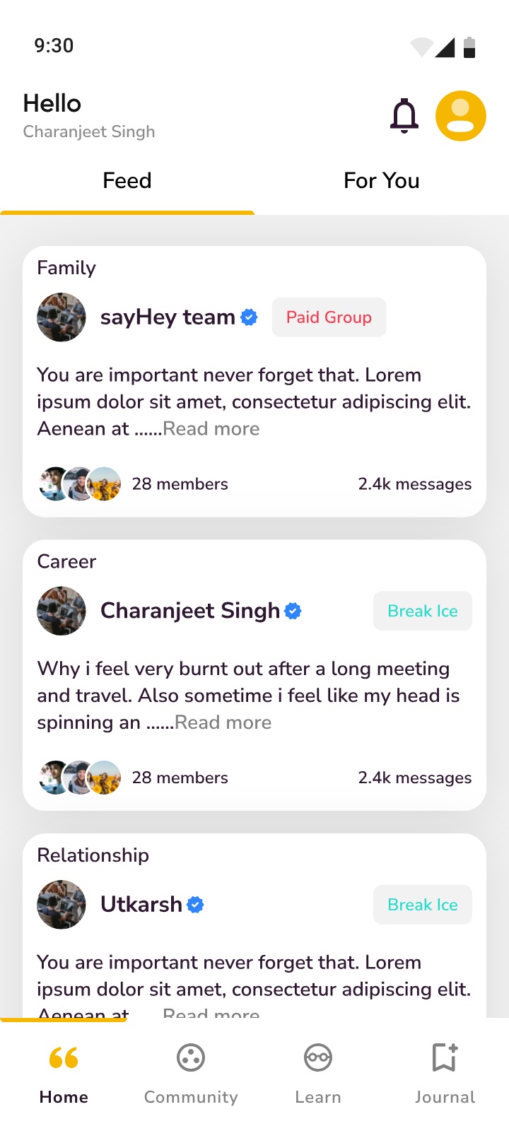 The Feed home tab greeting the user by name, with group cards filed under Family and Career, each showing member avatars and a message count.