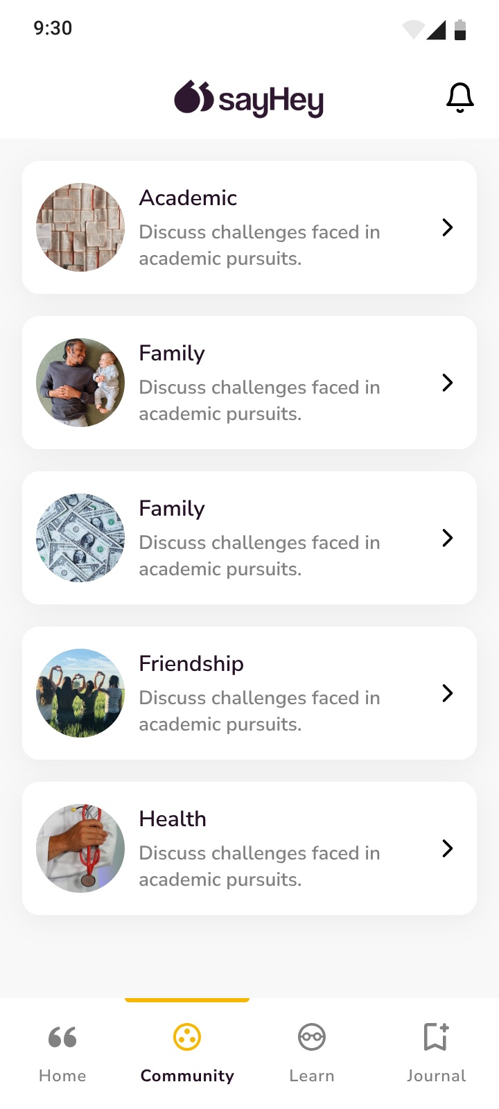 A category list showing Academic, Family, Friendship and Health, each with a photograph and a line describing the challenges discussed there.