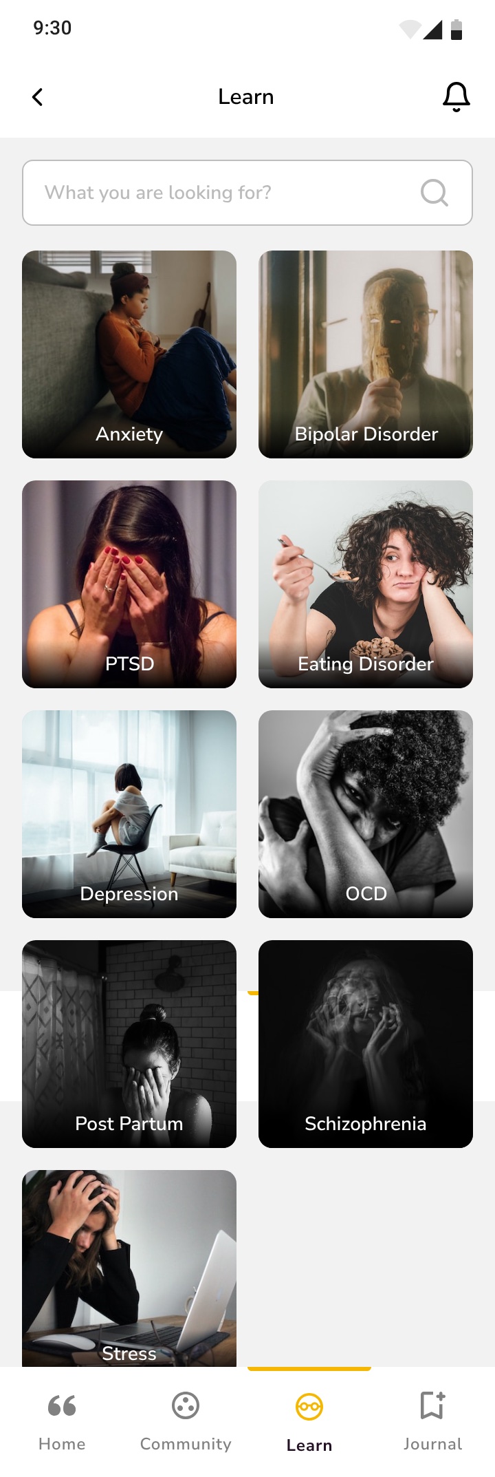 The Learn tab: a search field above a grid of photographic cards for Anxiety, Bipolar Disorder, PTSD and Eating Disorder.