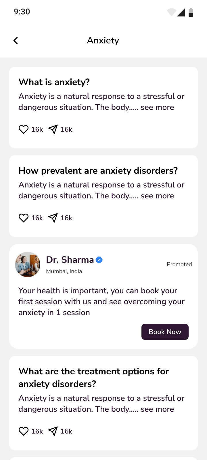 An Anxiety topic page with question-led article cards carrying like and share counts, followed by a promoted card for a verified doctor offering a first session.
