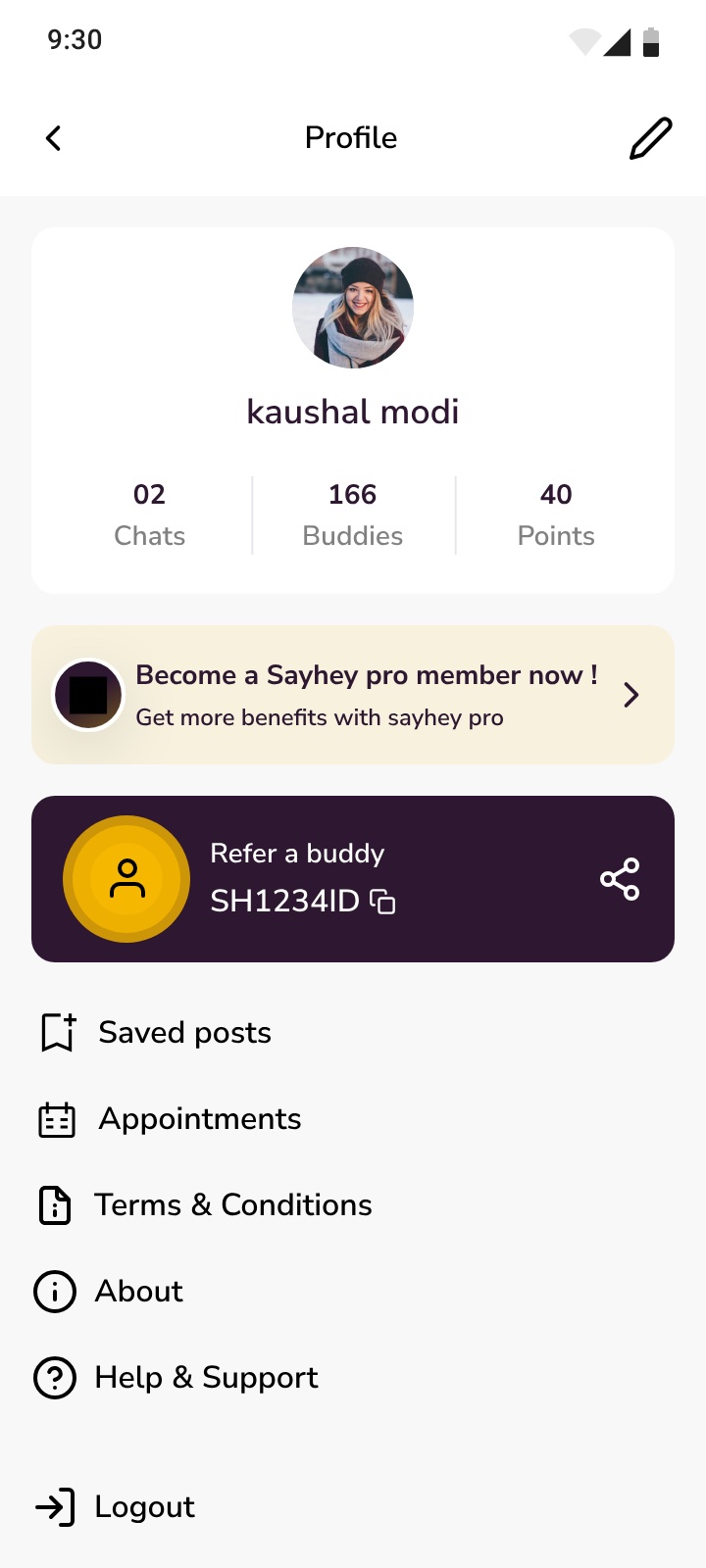 The profile screen showing an avatar and name above counts of chats, buddies and points, a prompt to become a pro member, and a shareable refer-a-buddy code.