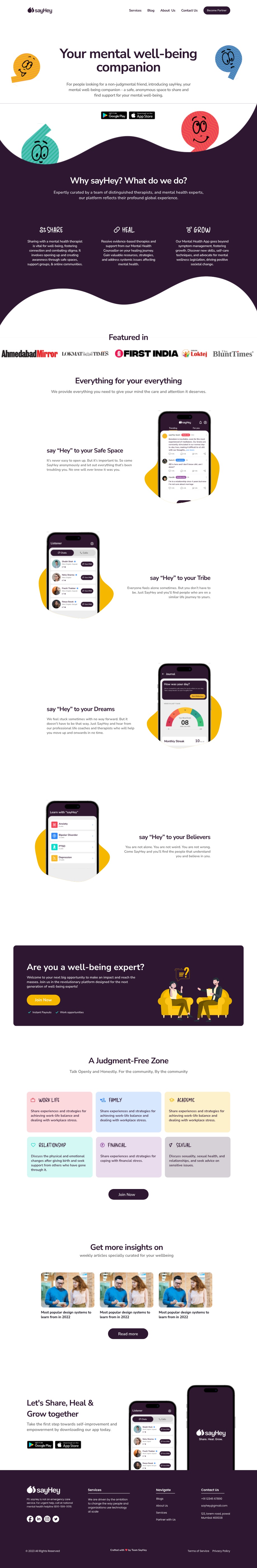 The sayHey home page: a plum and yellow hero reading Your mental well-being companion, curved section boundaries throughout, Share, Heal and Grow pillars, a press strip, four alternating phone mockups, and a six-card judgment-free zone grid.