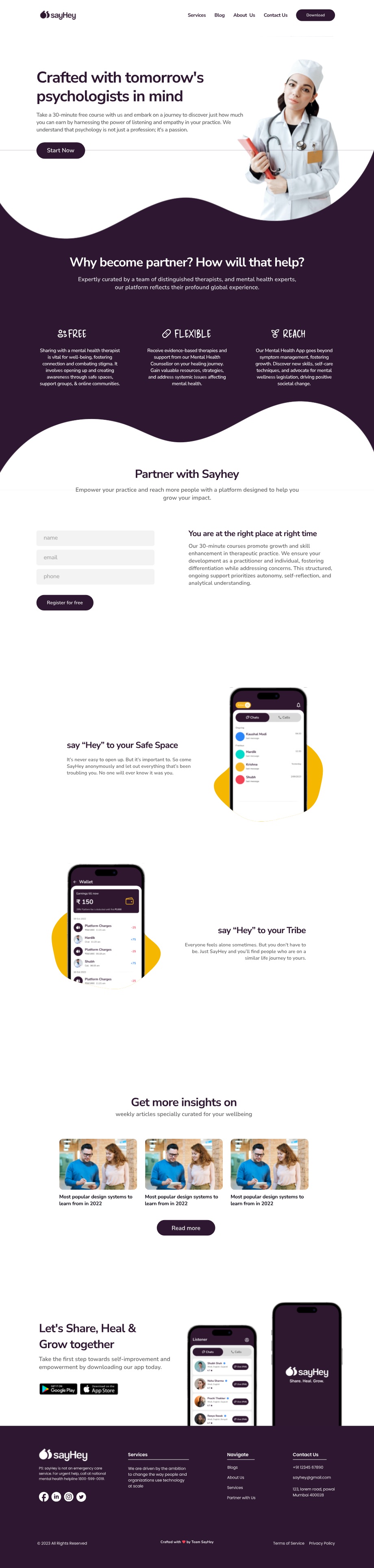 The partner recruitment page headed Crafted with tomorrow's psychologists in mind, with Free, Flexible and Reach pillars, a registration form, and phone mockups showing a listener's earnings and client queue.