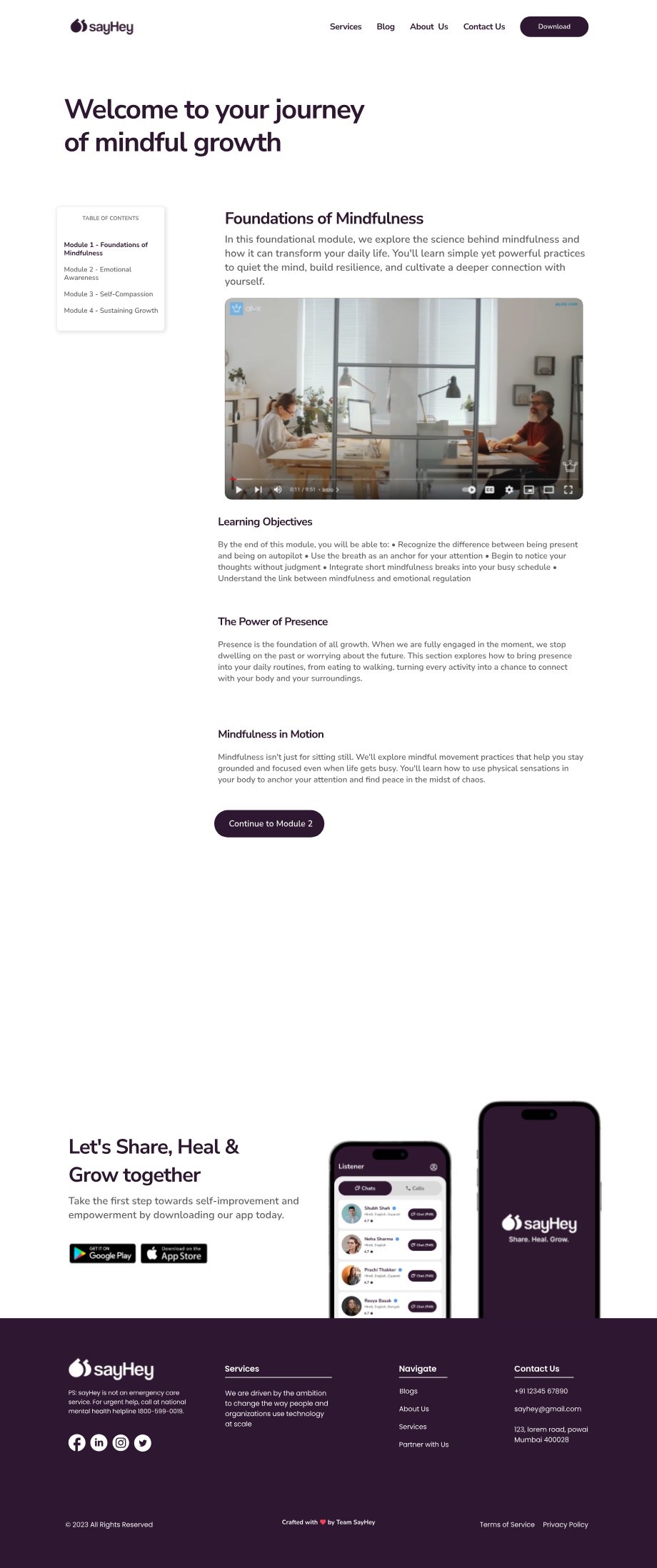 A course module page titled Welcome to your journey of mindful growth, with a sticky four-module table of contents on the left, a lesson video, learning objectives and a continue button — set plainly with no brand ornament.