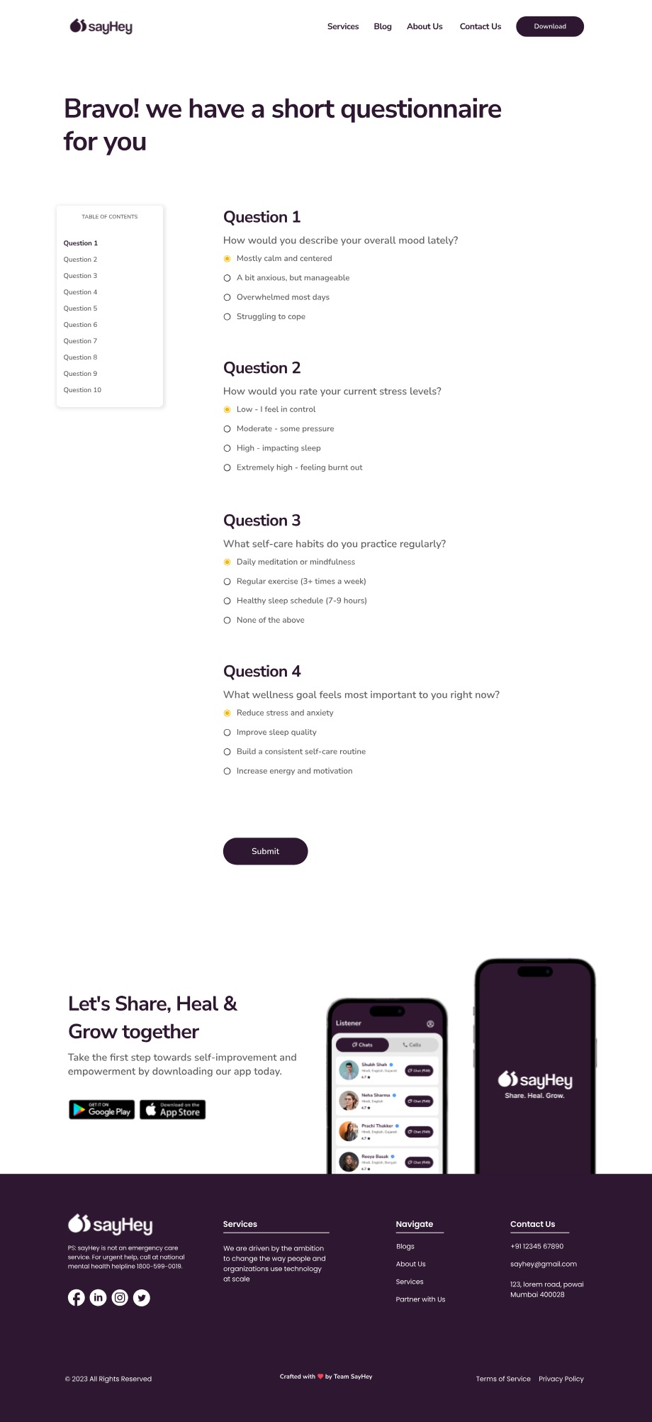 The assessment page headed Bravo! we have a short questionnaire for you, with all ten questions laid out on one scrolling page beside a pinned question-by-question contents list.