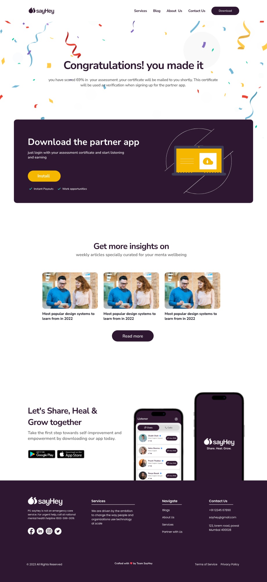 The completion page: confetti over a Congratulations you made it headline with the assessment score, above a plum card offering the partner app install with instant payouts and work opportunities.