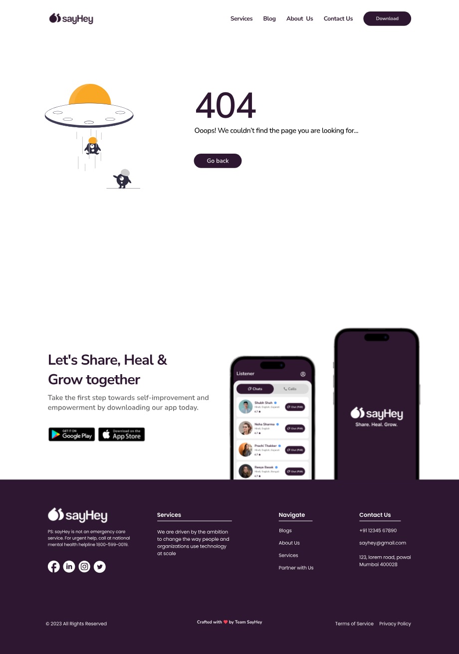 The 404 page: a yellow-domed flying saucer abducting a small character, beside the numeral 404 and a Go back button.