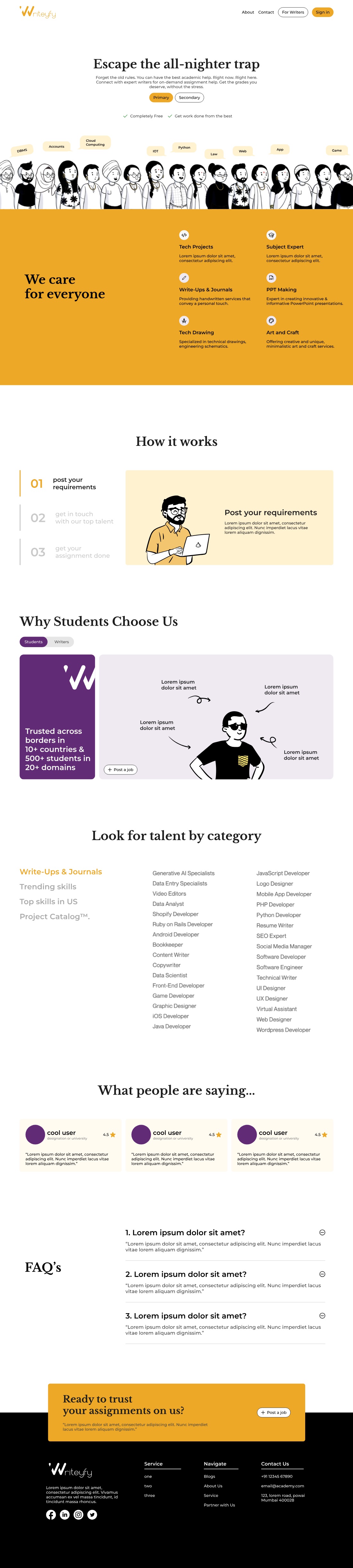 The Writeyfy home page headed Escape the all-nighter trap, with skill pills floating above a wide band of hand-drawn people, an amber six-service grid, a three-step how-it-works, a students and writers toggle, a long talent-by-category index and testimonials.