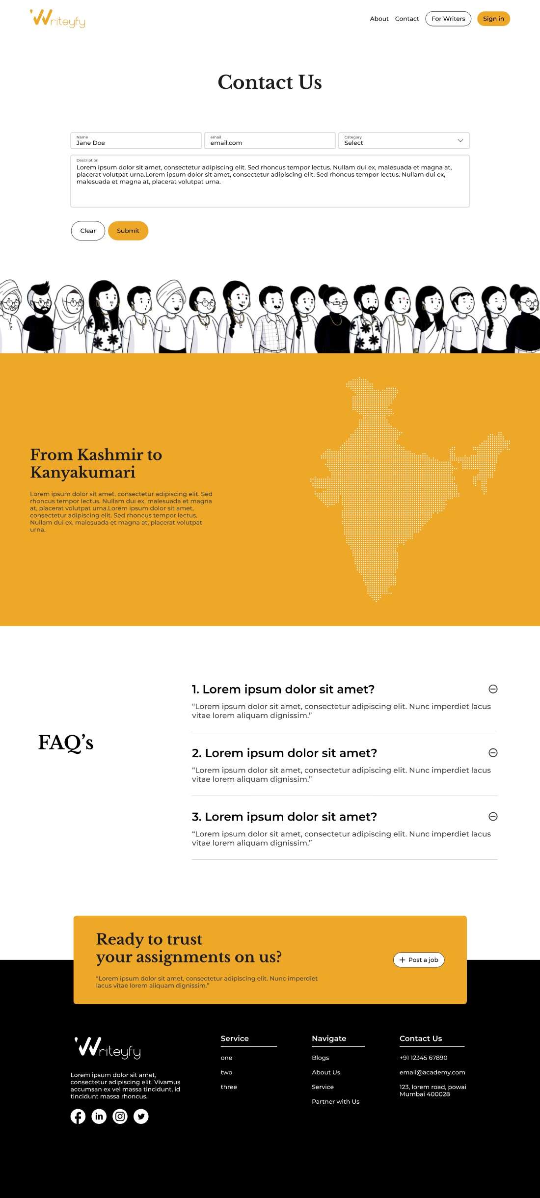 The contact page: a short form carrying name, email, an urgency selector and a description, the same crowd illustration, and an amber band headed From Kashmir to Kanyakumari over a dotted map of India.