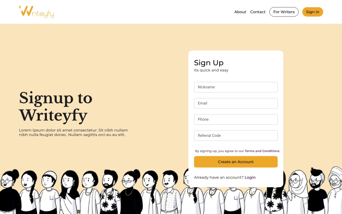 The sign-up page on cream, with a card asking for nickname, email, phone and referral code above a full-width line drawing of a crowd of people.