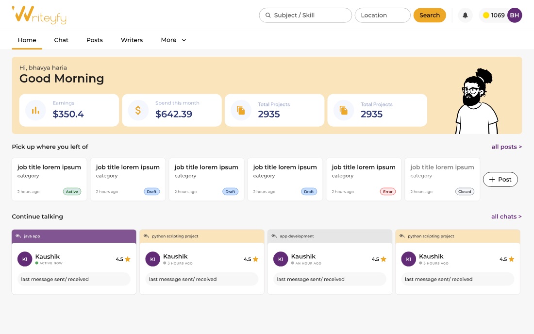 The dashboard greeting the user by name over four figure tiles, a Pick up where you left off row of job cards carrying draft, active, error and closed chips, and a Continue talking row of chat cards.