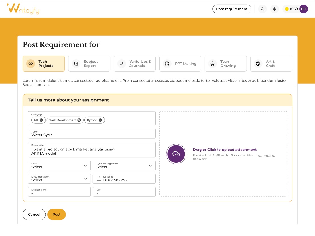 The Post Requirement form with six category tabs across an amber band, then removable category chips, topic, description, level, assignment type, deadline, budget and city fields beside a drag-or-click upload panel.