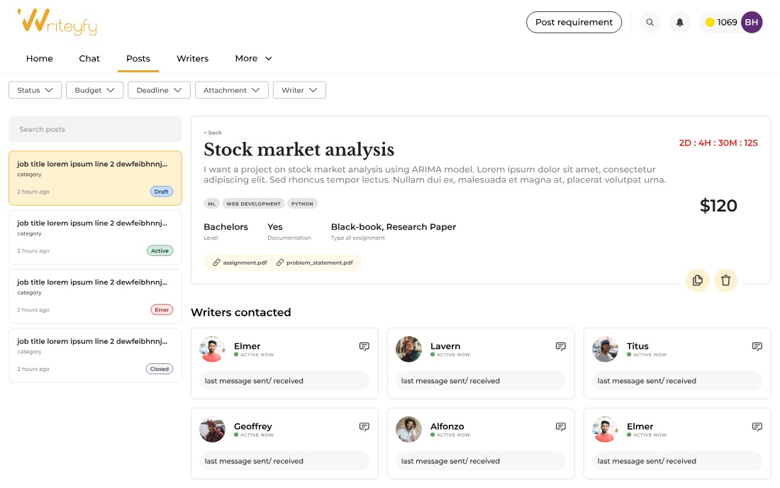A posted job for stock market analysis showing a running countdown of days, hours, minutes and seconds beside the budget, the requirement metadata and attachments, and a grid of writers already contacted.