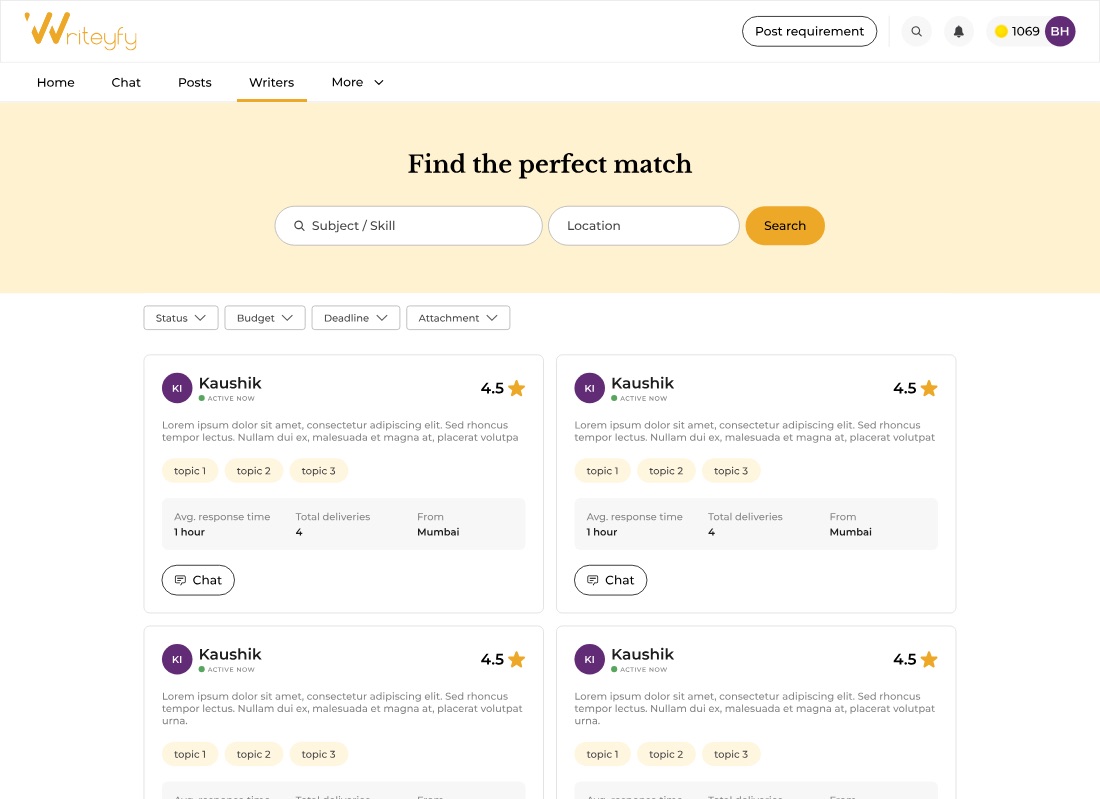 A Find the perfect match search over subject, skill and location, with filter chips and writer cards showing a rating, topic tags and a strip of average response time, total deliveries and location.