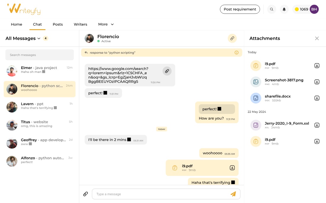 A three-pane chat: a conversation list where each person is labelled with their project, the thread itself with link previews and file chips, and an attachments panel grouped by date.