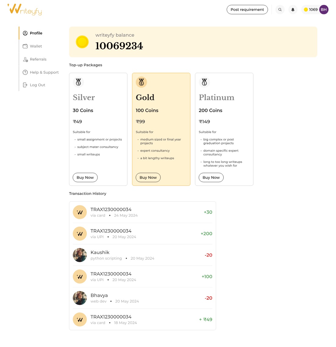 The wallet showing a coin balance above Silver, Gold and Platinum top-up packages, each priced and annotated with the kind of work it suits, followed by a transaction history.